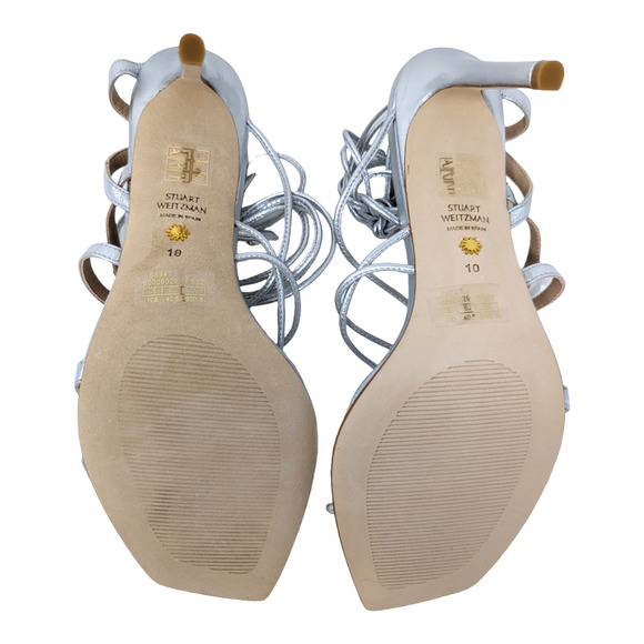 NWT Stuart Weitzman Astrid Silver Leather Ankle Wrap Sandal Pumps Size 10 - Picture 6 of 10